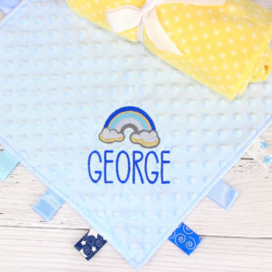 Personalised Baby Rainbow Blue Taggy Blanket Comforter