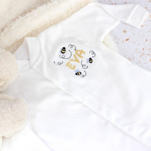 Personalised Baby Bumble Bee Embroidered White Sleepsuit