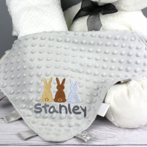 Personalised Silver Grey Baby Bunnies Taggy Comforter