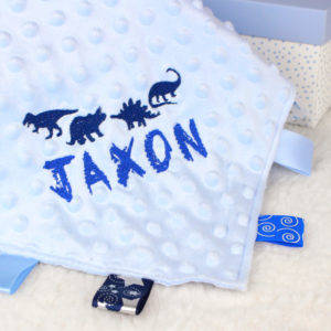 Personalised Baby Dinosaur Blue Taggy Blanket Comforter