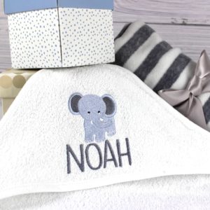 Personalised White and Grey Elephant Baby Bath Time Hooded Towel