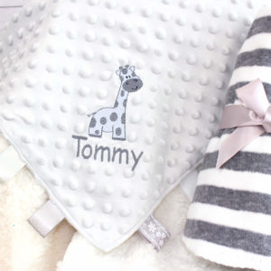 Personalised Silver Grey Baby Giraffe Taggy Ribbon Comforter