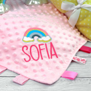 Personalised Baby Rainbow Pink Taggy Blanket Comforter