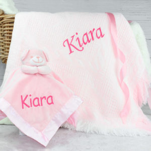 Personalised Pink Baby Shawl Blanket & Cuddly Teddy Comforter Set