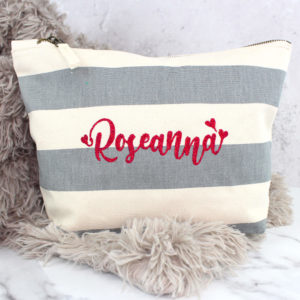 Personalised Pewter Grey and Cream Striped Wash Accessory Bag