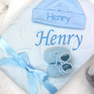 Personalised Blue Baby Shawl, Hat & Knitted Sock Boots Gift Set