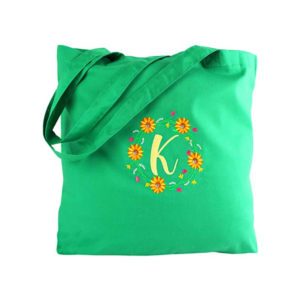 Personalised Floral Monogram Green Tote Bag
