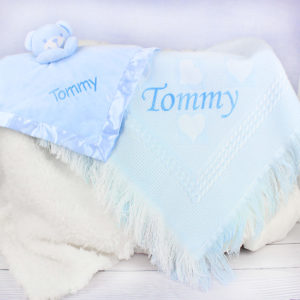 Personalised Blue Baby Shawl & Teddy Comforter Gift Set