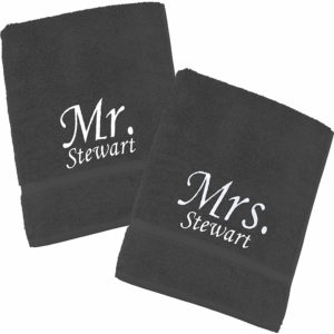 Personalised Mr & Mrs Embroidered Hand Towels Gift Set - Black with White Embroidery