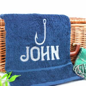 Personalised Fishing Gift Towel with Embroidered Name - Navy with White Embroidery