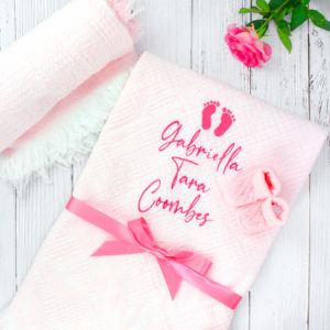 Personalised Gift Message Pink Baby Shawl with Cable Knit Booties