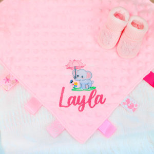 Personalised Baby Elephant Pink Taggy Comforter & Pink Knitted Booties