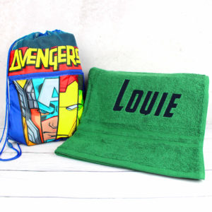 Personalised MARVEL Avengers School Drawstring Bag and Green Swimming Towel