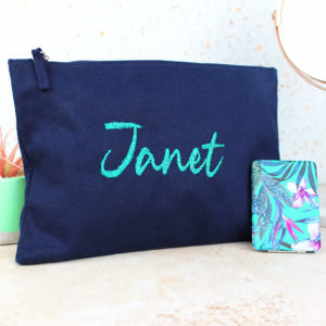 Personalised Travel Makeup Wash Bag & Floral Compact Mirror Set - Navy with Turquoise Embroidery