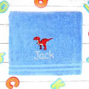 Personalised Children's T-Rex Dinosaur Towel - Blue with Silver Grey Embroidery