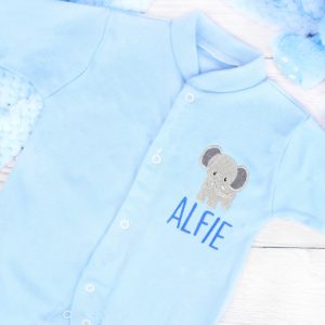 Personalised Baby Elephant Blue Sleepsuit