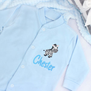 Personalised Baby Zebra Blue Sleepsuit