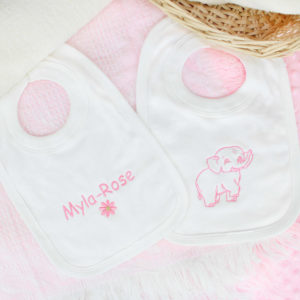 Personalised Elephant & Daisy 2 Pack Soft Cotton White Bibs