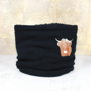 Embroidered Highland Cow Black Fleece Snood Scarf