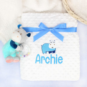 Personalised White Hippo Baby Blanket with Hippo Toy Rattle Teether