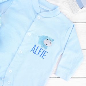 Personalised Baby Hippo Blue Sleepsuit