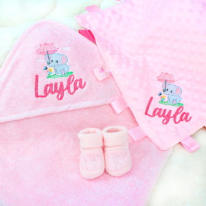 Personalised Pink Elephant Hooded Bath Towel, Taggy Comforter & Knitted Booties Gift Set