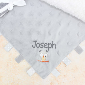 Personalised Baby Owl Grey Taggy Ribbon Comforter
