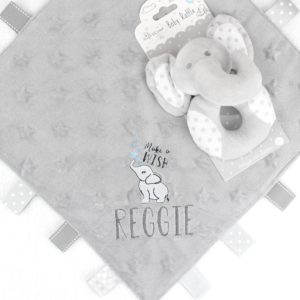Personalised Make a Wish Elephant Taggy Comforter & Rattle Gift Set