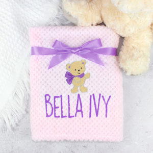 Personalised Fluffy Pink and Purple Teddy Bear Baby Blanket