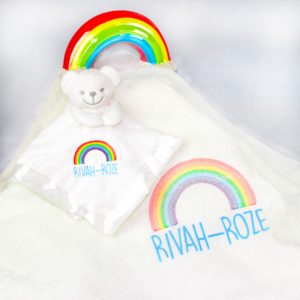 Personalised White Rainbow Baby Shawl Blanket and Comforter Gift Set