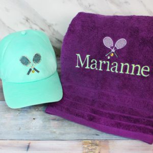 Personalised Cotton Tennis Hand Towel & Adjustable Baseball Cap - Purple & Aqua