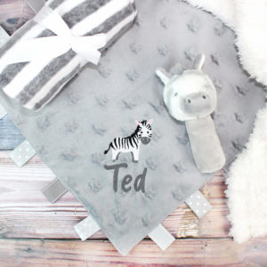 Personalised Baby Zebra Taggy Comforter, Rattle Toy & Striped Blanket Gift Set