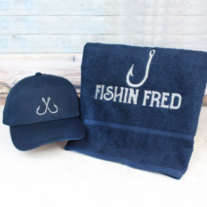 Personalised Navy Fishing Towel & Adjustable Baseball Cap Gift Set