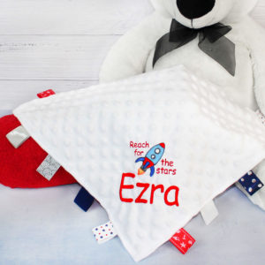 Personalised Rocket Reach for the Stars Taggy Comforter