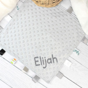 Personalised Silver Grey Baby Taggy Blanket Ribbon Comforter