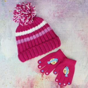 Pink Bobble Hat & Bird Gloves Set
