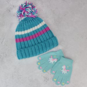 Turquoise Bobble Hat & Unicorn Gloves Set