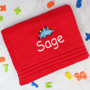 Personalised Kids Stegosaurus Dinosaur Red Bath Towel