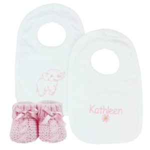 Baby Girl's Personalised Daisy & Elephant Bib & Booties Gift Set