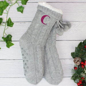 Women's Personalised Grey Cable Knit Slipper Socks