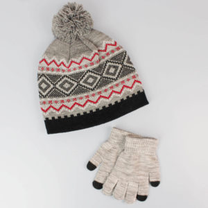Boys Fairisle Grey Bobble Hat & Touch Screen Gloves Set