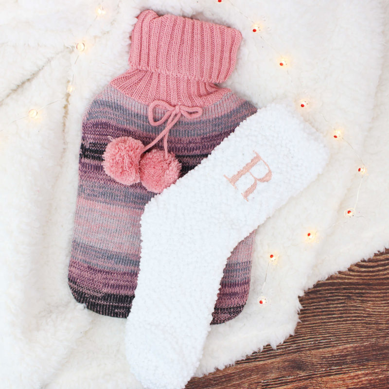 Personalised Fluffy Socks and Pink Knitted Hot Water Bottle Gift Set ...