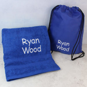Personalised Blue Sports PE Drawstring Bag & Towel Set