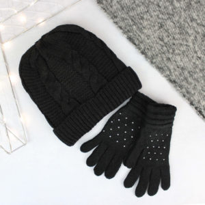 Ladies Knitted Beanie Hat & Gloves Set