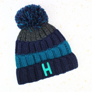 Personalised Initial Blue Striped Knitted Bobble Hat