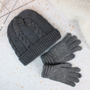 Ladies Grey Knitted Beanie Hat & Gloves Set