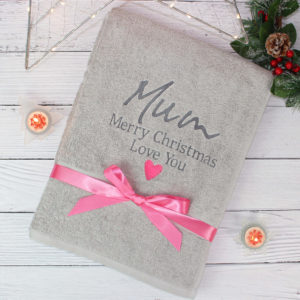 Embroidered Christmas Mum Gift Message Grey Bath Towel