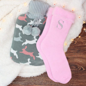 Personalised Pink Socks & Rabbit Design Hot Water Bottle