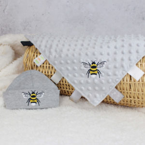 Bumble Bee Ribbon Grey Baby Comforter Blanket & Hat Gift Set