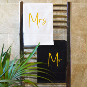 Mr & Mrs Embroidered Black & White With Gold Wedding Gift Hand Towels